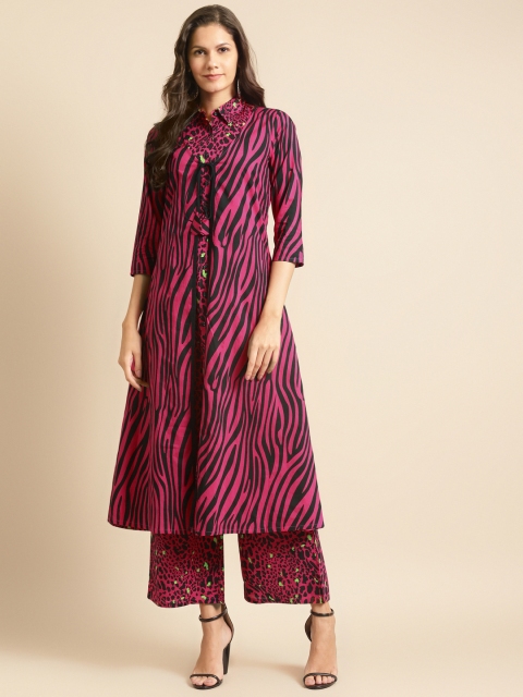 

DIVA WALK Women Pink & Black Animal Printed Layered Kurta with Palazzos