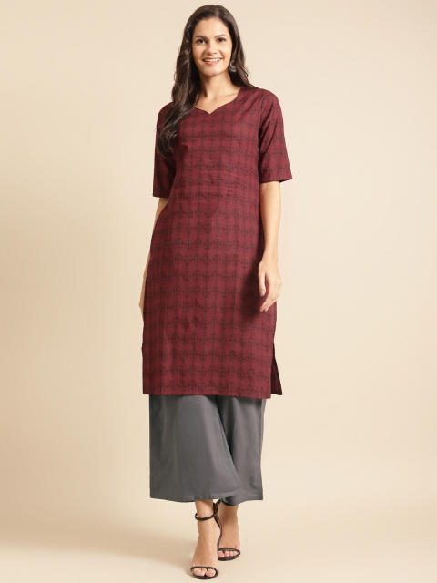 

DIVA WALK Women Maroon & Grey Block Printed Pure Cotton Straight Kurta with Palazzos