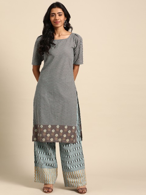 

DIVA WALK Women Grey & Blue Printed Pure Cotton Kurta with Palazzos