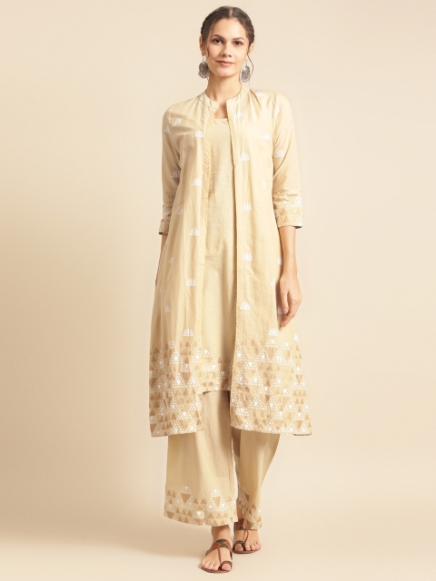 

DIVA WALK Women Beige & White Cotton Khari Geometric Print Layered Kurta with Palazzos