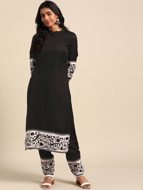 

DIVA WALK Women Black Solid Kurta with Printed Detail & Trousers