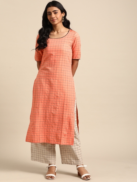 

DIVA WALK Women Peach-Coloured & Beige Cotton Checked Straight Kurta with Palazzos
