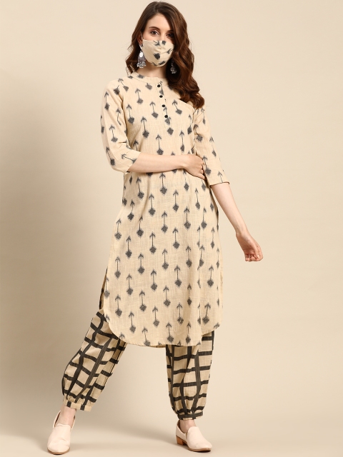 

DIVA WALK Women Beige & Charcoal Grey Ethnic Motif Printed Cotton Kurta with Salwar