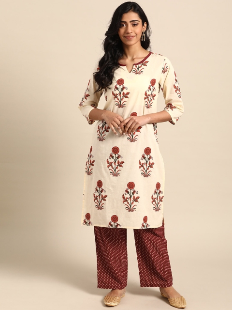 

DIVA WALK Women Cream-Coloured & Maroon Block Printed Kurta with Palazzos