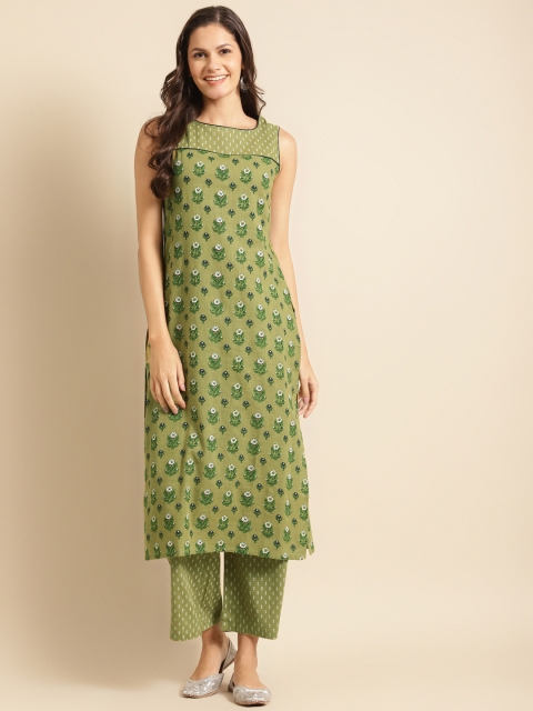 

DIVA WALK Women Green & Black Floral Printed Pure Cotton Kurta with Palazzos