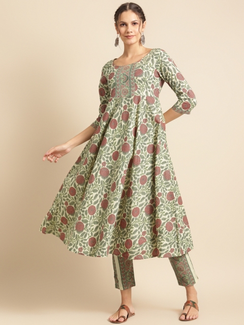 

DIVA WALK Women Off-White & Red Printed Cotton A-Line Kurta with Trousers