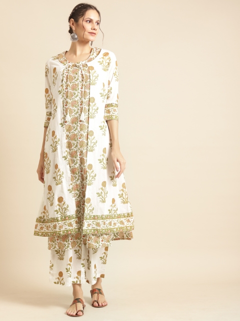 

DIVA WALK Women White & Olive Green Printed Layered Cotton Kurta with Palazzos & Jacket