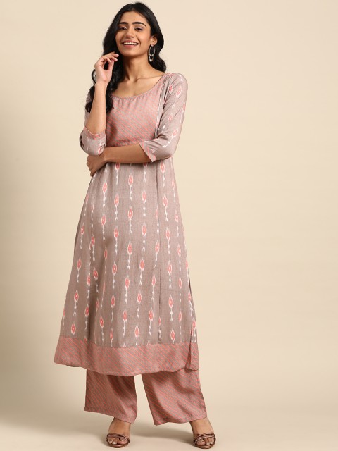 

DIVA WALK Women Mauve & Peach-Coloured Ikat Printed A-Line Kurta with Palazzos