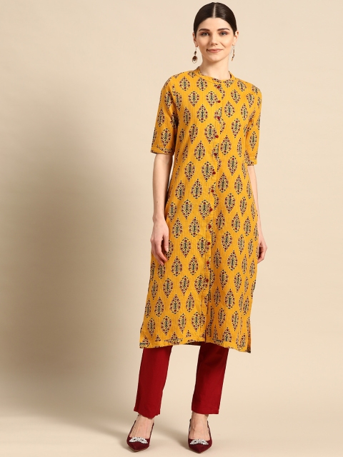 

DIVA WALK Women Mustard Yellow & Maroon Kantha Work Printed Kurta with Trousers