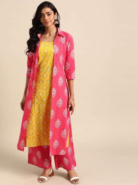 

DIVA WALK Women Yellow & Pink Khari Printed Layered Kurta with Palazzos