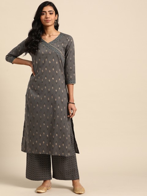 

DIVA WALK Women Charcoal Grey & Golden Printed Kurta with Trousers