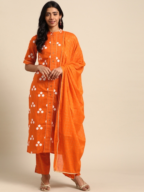 

DIVA WALK Women Orange & White Block Print Kurta with Trousers & Dupatta