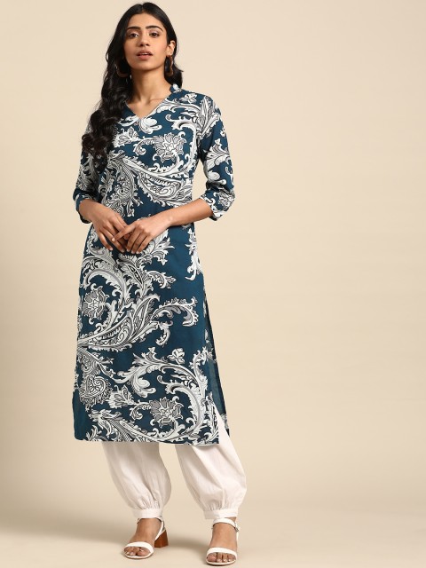 

DIVA WALK Women Navy Blue & White Printed Cotton Straight Kurta with Salwar