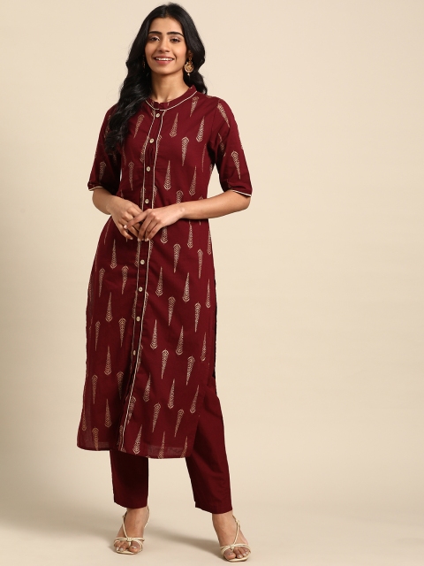 

DIVA WALK Women Maroon & Golden Printed Pure Cotton Kurta with Palazzos