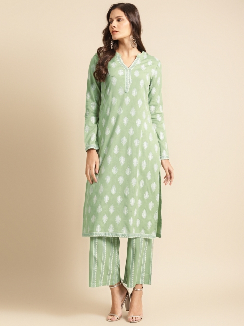 

DIVA WALK Women Green & White Khari Printed Cotton Straight Kurta with Palazzos