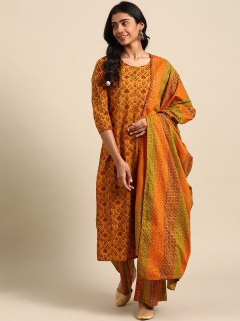 

DIVA WALK Women Mustard Yellow & Green Printed Cotton Kurta with Palazzos & Dupatta