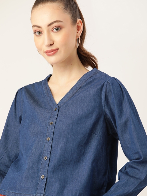 

DressBerry Navy Blue Solid Chambray Pure Cotton Top