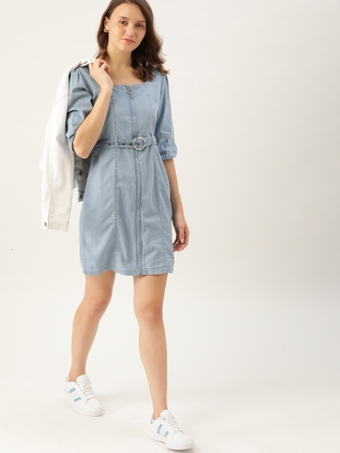 

DressBerry Women Blue Solid Chambray Cotton Sheath Dress with Belt