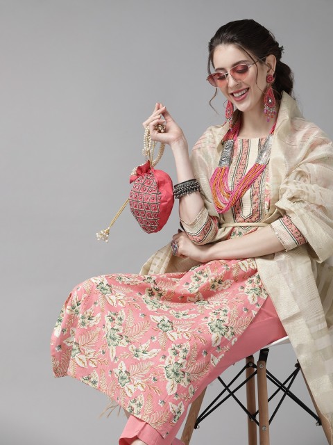 

Indo Era Pink & Beige Romantic Floral Printed Kurta with Palazzos and Dupatta