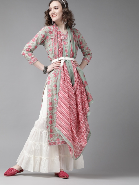 

Indo Era Green & Off-White Romantic Floral Printed Kurta with Sharara and Dupatta
