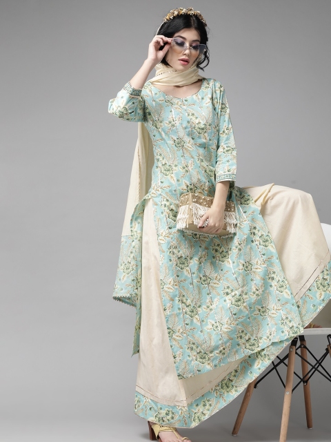 

Indo Era Women Blue & Cream-Coloured Printed Kurta with Skirt & Dupatta