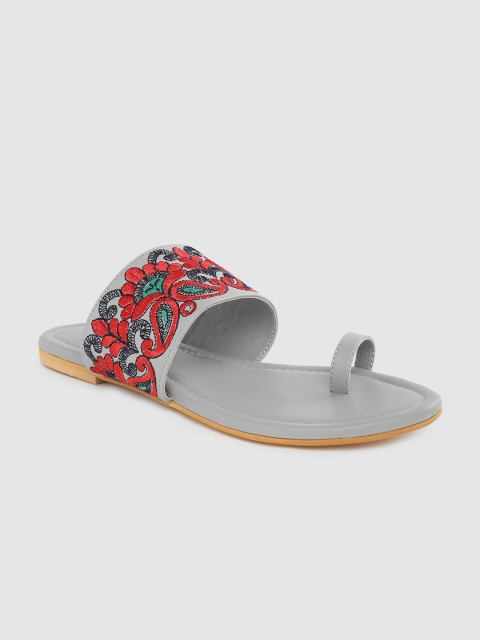 

Anouk Women Grey & Red Paisley Embroidered One Toe Flats