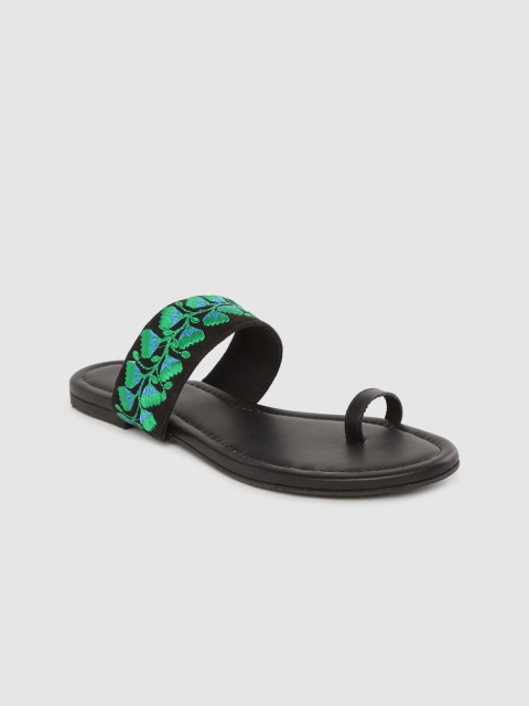 

Anouk Women Black & Green Floral Embroidered One Toe Flats