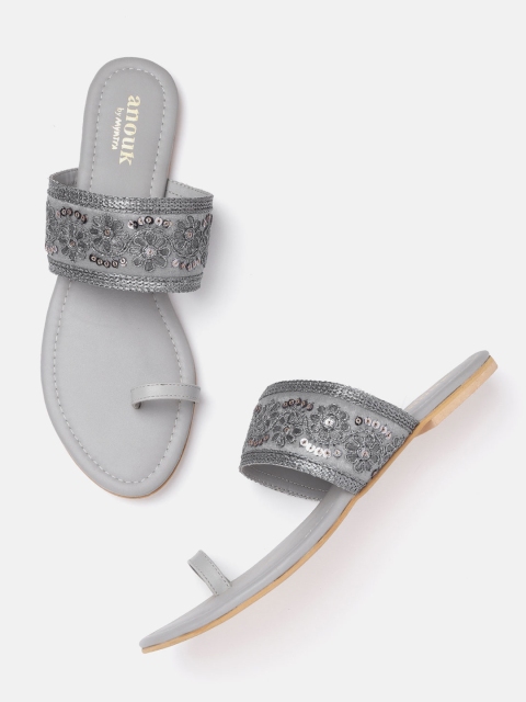 

Anouk Women Grey Embellished Ethnic One Toe Flats