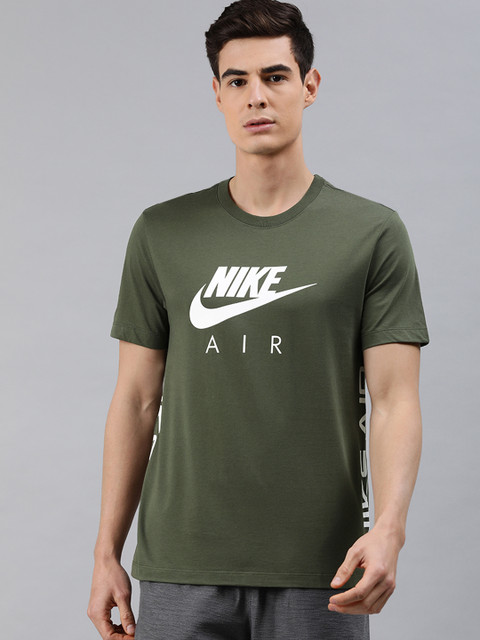 

Nike Men Olive Green White Printed Round Neck AS M NSW AIR HBR 2 Pure Cotton T-shirt