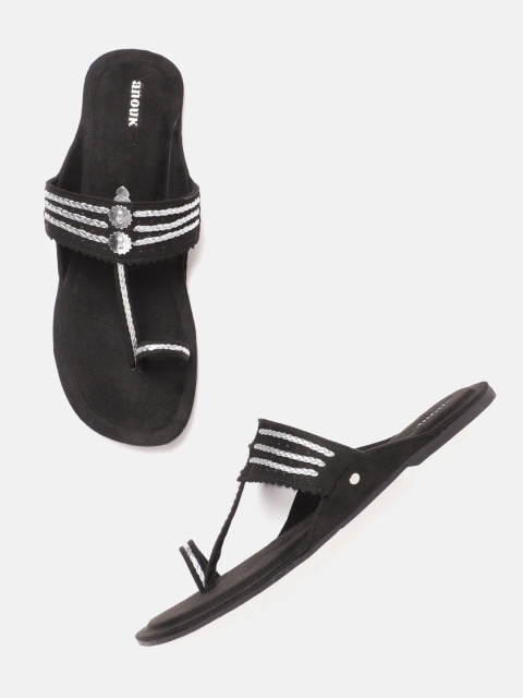 

Anouk Women Black & Silver-Toned Woven Design One Toe Flats