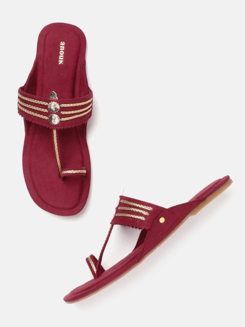 

Anouk Women Maroon & Gold-Toned Woven Design One Toe Flats