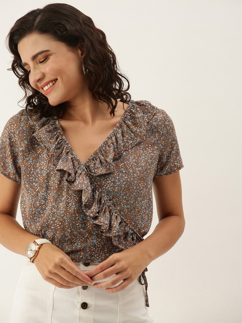 

Moda Rapido Brown & Blue Floral Ruffles Wrap Crop Top