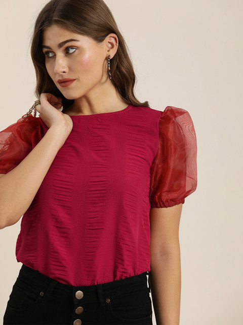 

Moda Rapido Maroon Self Designed Puff Sleeves Blouson Top
