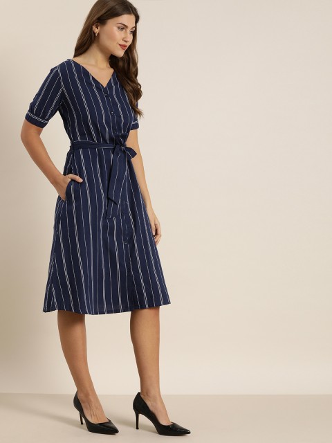

Moda Rapido Women Navy Blue & White Striped Pure Cotton A-Line Dress