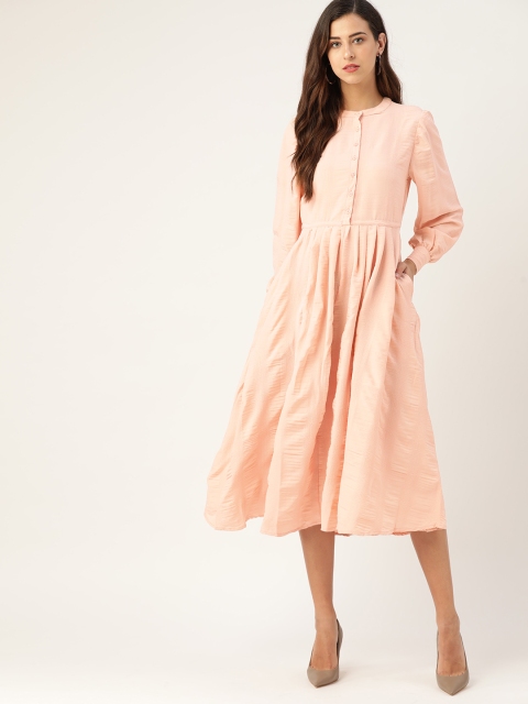 

Moda Rapido Women Peach Coloured Solid Pleated Midi A-line Dress
