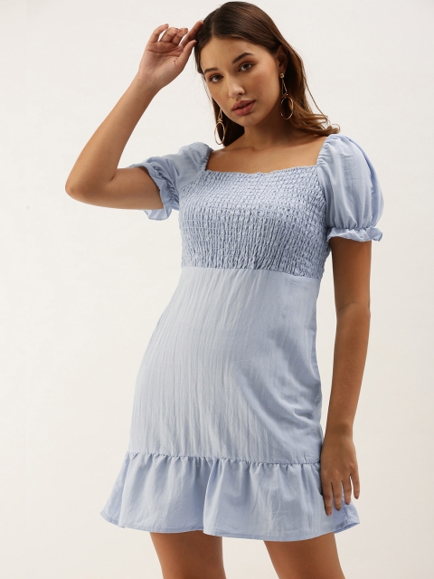 

Moda Rapido Blue Smocked A-Line Mini Dress