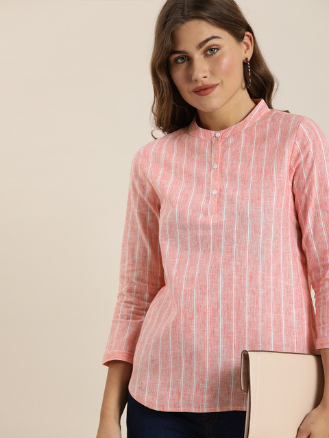 

Moda Rapido Pink & White Striped Mandarin Collar Shirt Style Top
