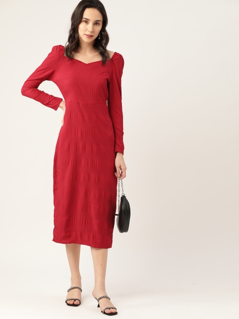 

Moda Rapido Maroon Puff Sleeved Sheath Midi Dress
