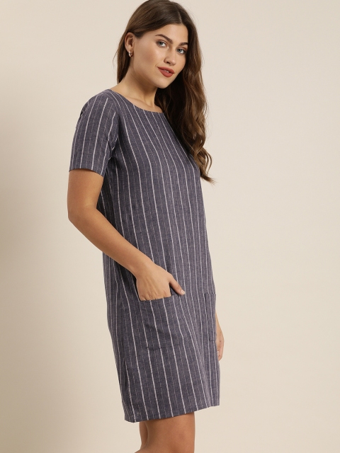 

Moda Rapido Women Navy Blue and White Striped T-shirt Dress