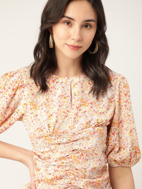 

Moda Rapido Cream-Coloured & Red Floral Puff Sleeve Smocked Cinched Waist Top