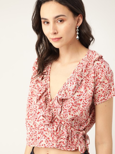 

Moda Rapido White & Red Floral Ruffles Wrap Crop Top