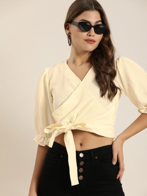 

Moda Rapido Off White Puff Sleeves Wrap Crop Top