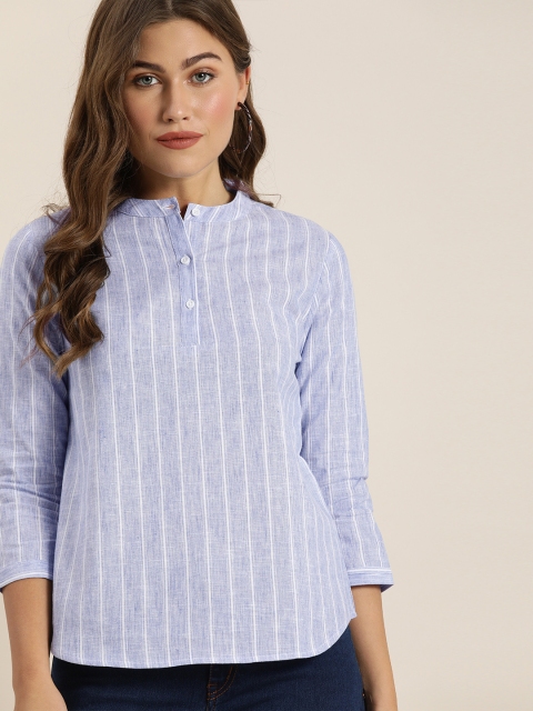 

Moda Rapido Blue & White Striped Mandarin Collar Regular Top