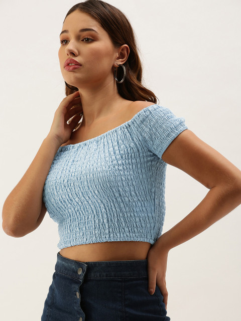

Moda Rapido Blue Off-Shoulder Smocked Bardot Crop Top
