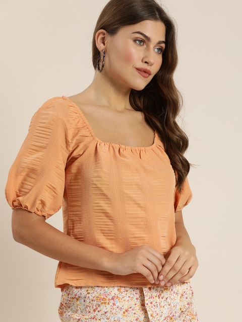 

Moda Rapido Peach-Coloured Puff Sleeves Regular Top