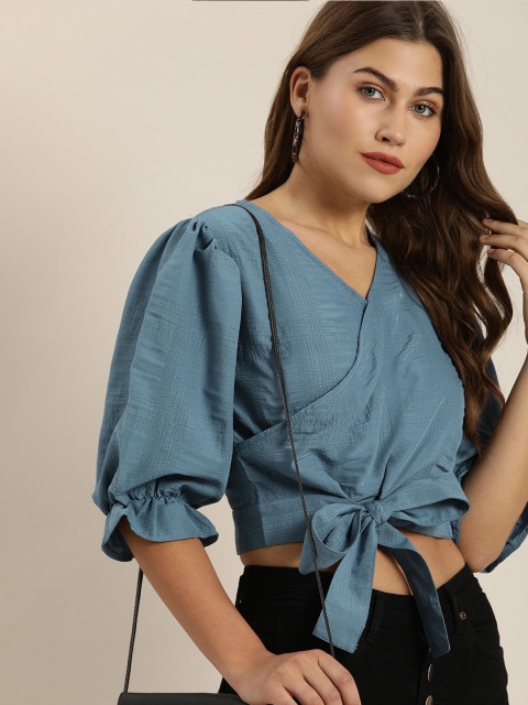 

Moda Rapido Blue Puff Sleeves Regular Crop Top