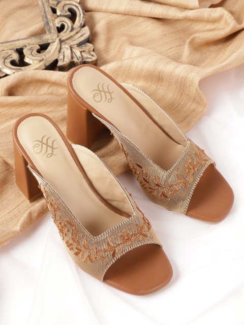 

House of Pataudi Brown Embroidered Ethnic Block Heels