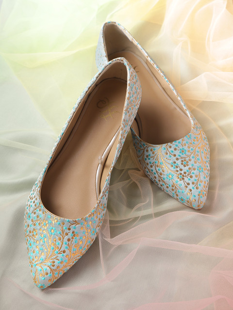 

House of Pataudi Women Blue & Gold-Toned Woven Design Handcrafted Ballerinas