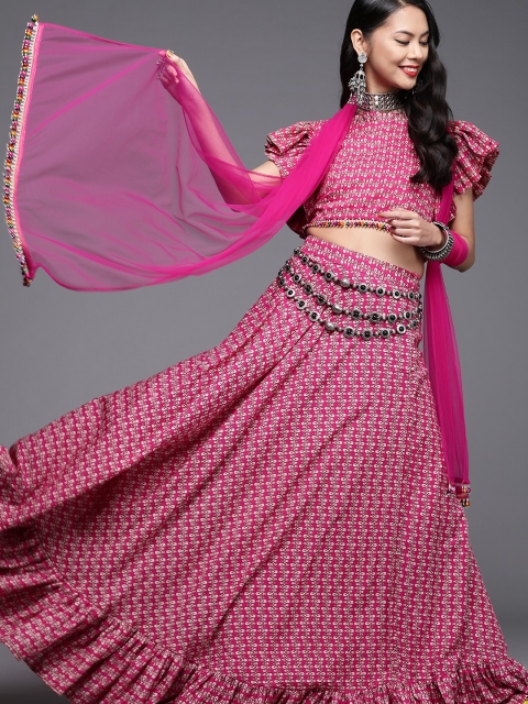 

Inddus Pink & Off-White Semi-Stitched Lehenga & Blouse with Dupatta