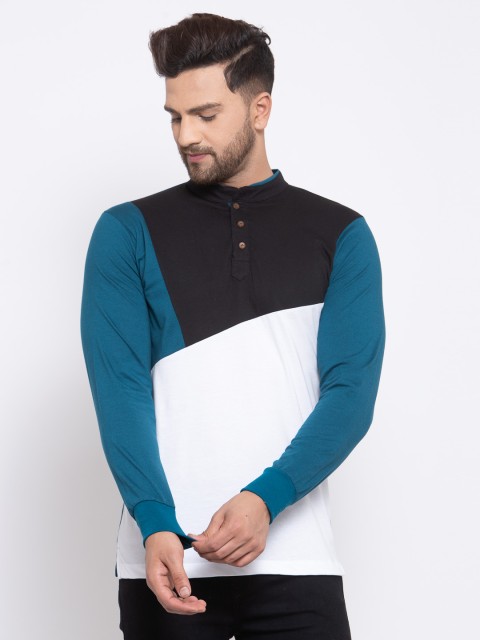 

Kalt Men Teal Blue & White Colourblocked Mandarin Collar T-shirt